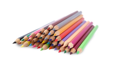 Photo of Pile of colorful wooden pencils on white background
