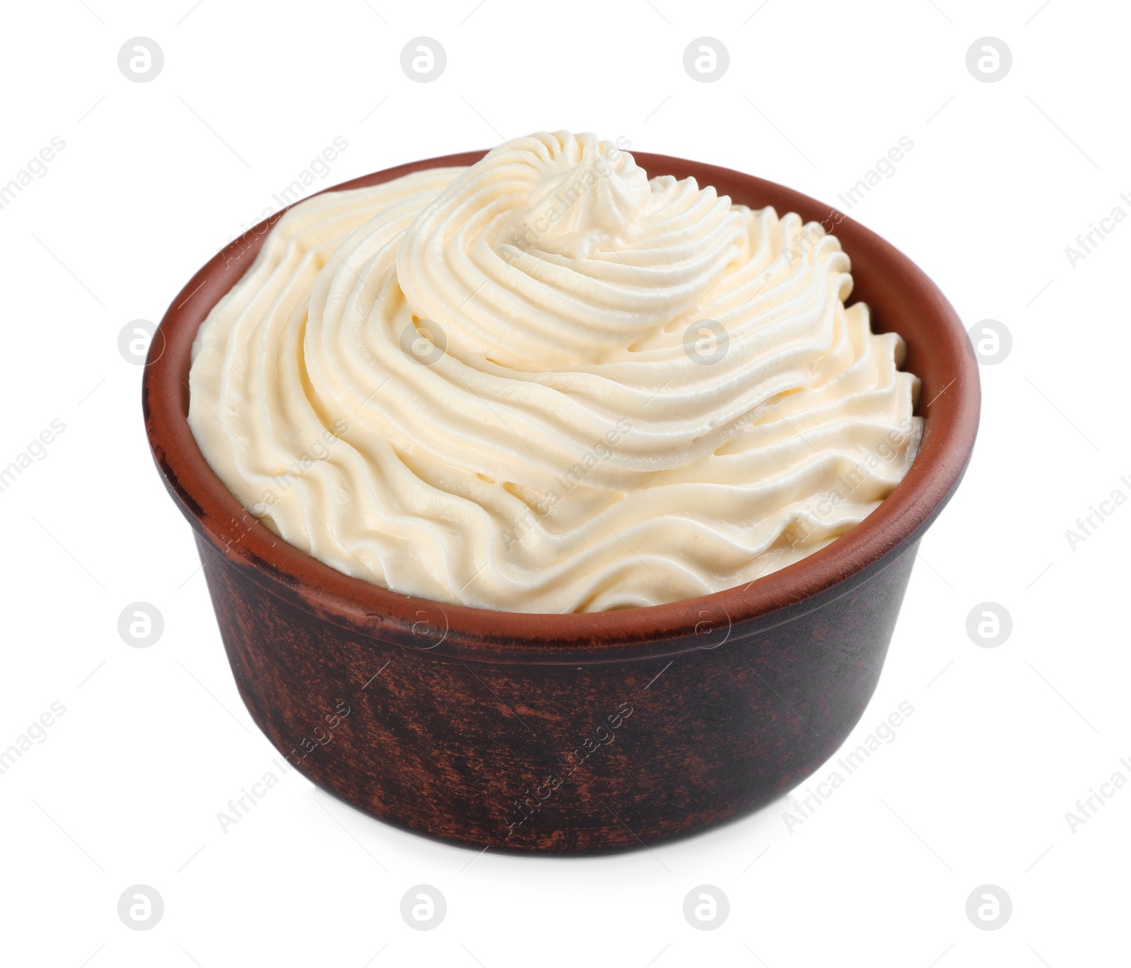 Photo of Delicious fresh whipped cream isolated on white