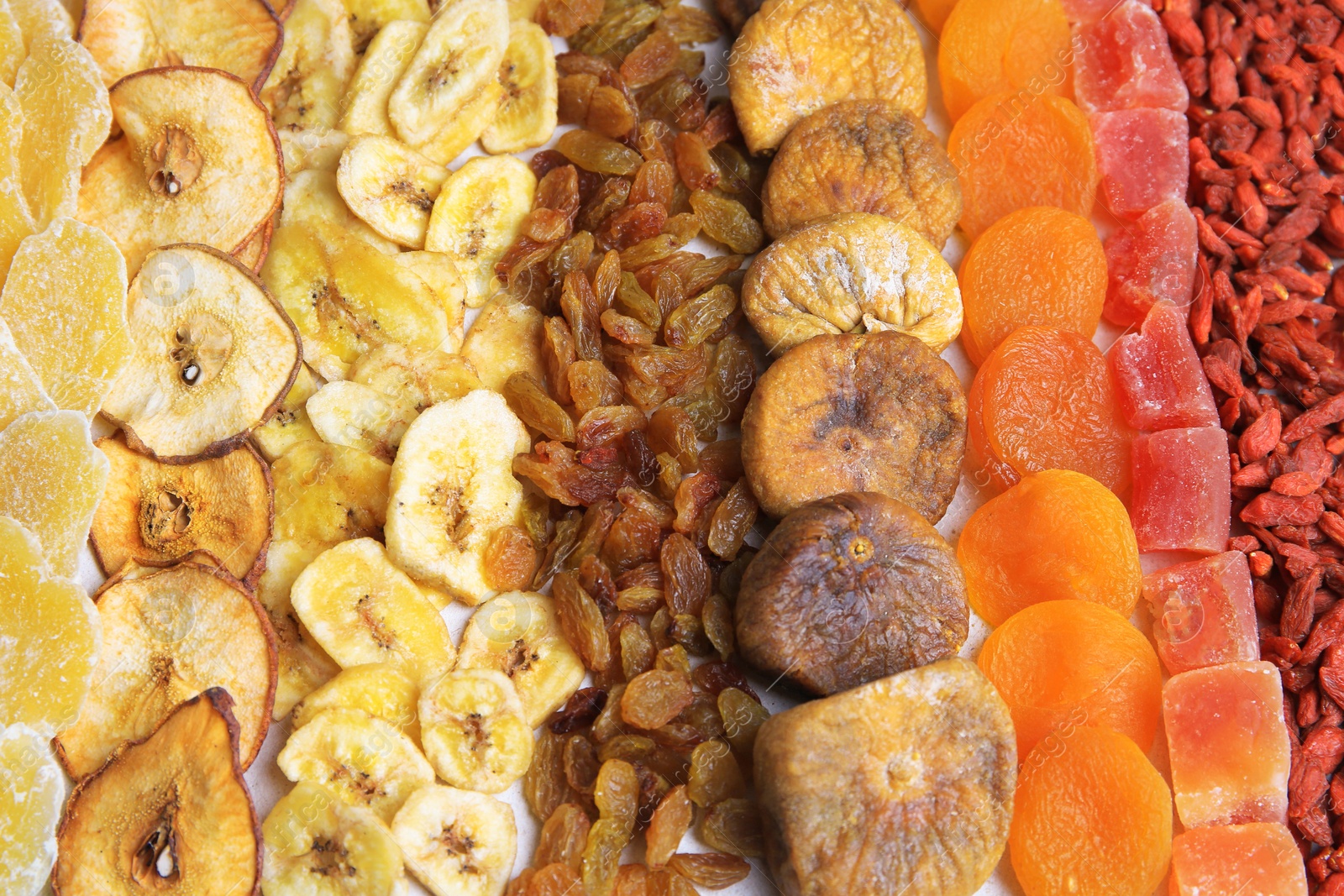 Photo of Different tasty dried fruits as background, closeup