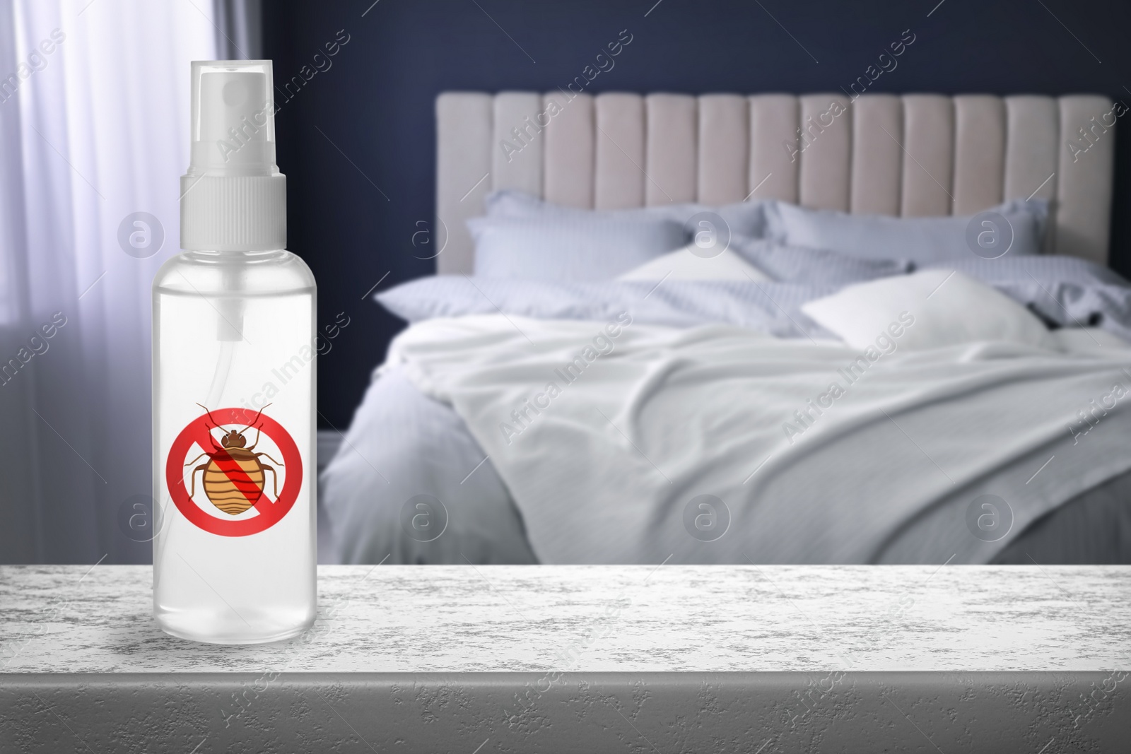 Image of Anti bed bug spray on stone table in bedroom. Space for text