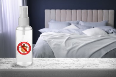 Image of Anti bed bug spray on stone table in bedroom. Space for text