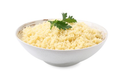 Tasty couscous and fresh parsley in bowl isolated on white