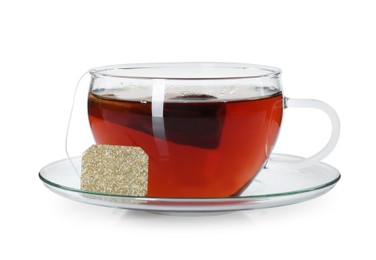 Photo of Brewing aromatic tea. Cup with teabag isolated on white