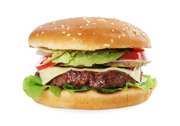 Photo of Burger with delicious patty isolated on white