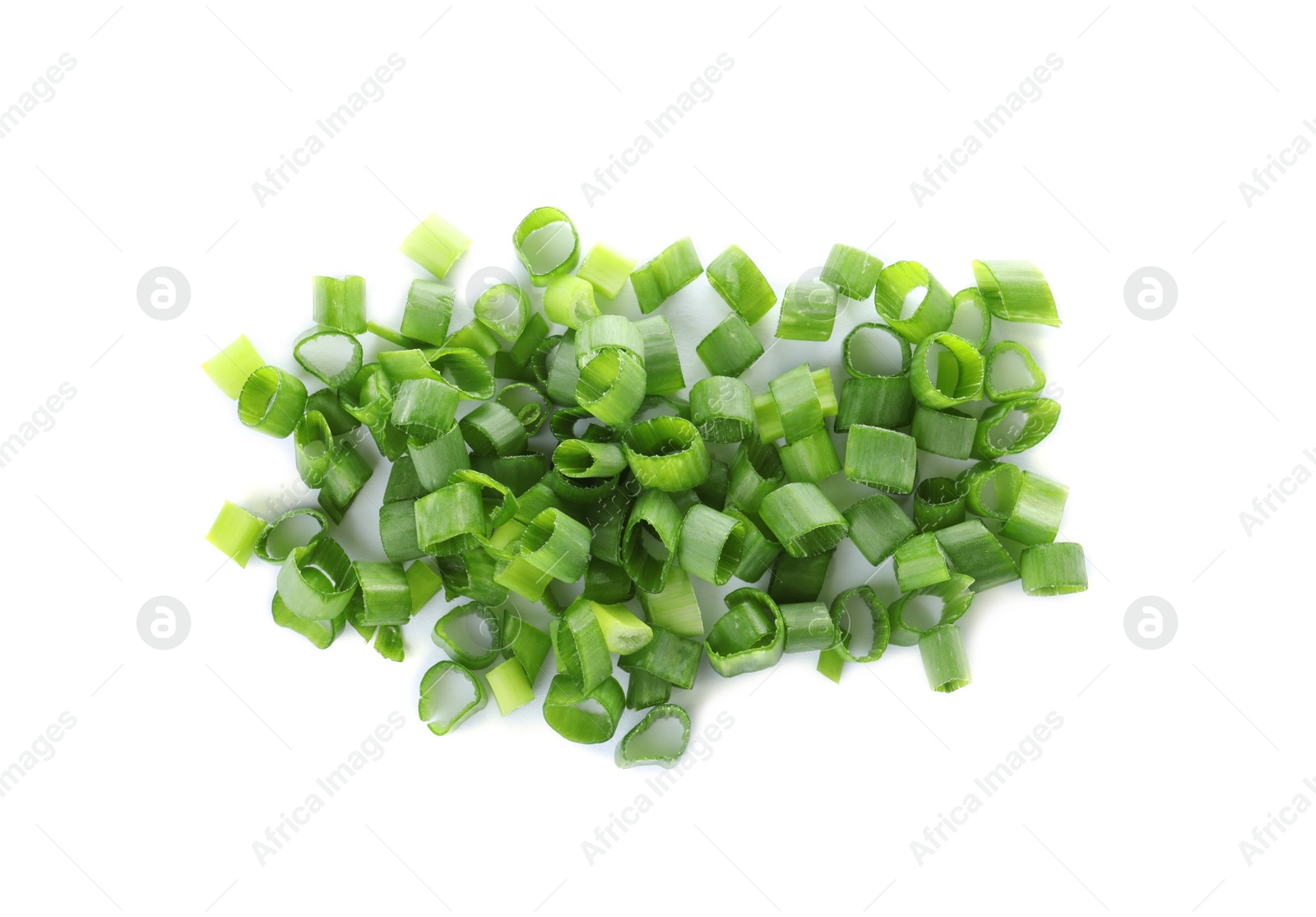 Photo of Cut fresh green onion on white background, top view