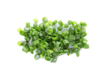 Photo of Cut fresh green onion on white background, top view