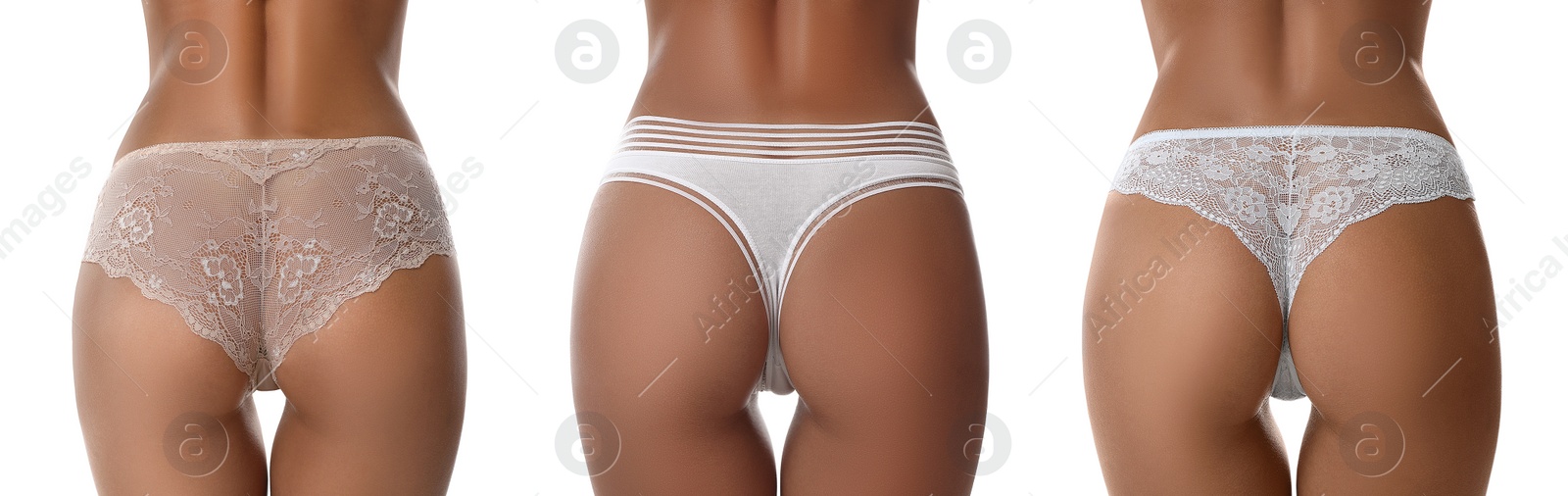 Image of Collage with photos of women wearing panties on white background, closeup. Banner design