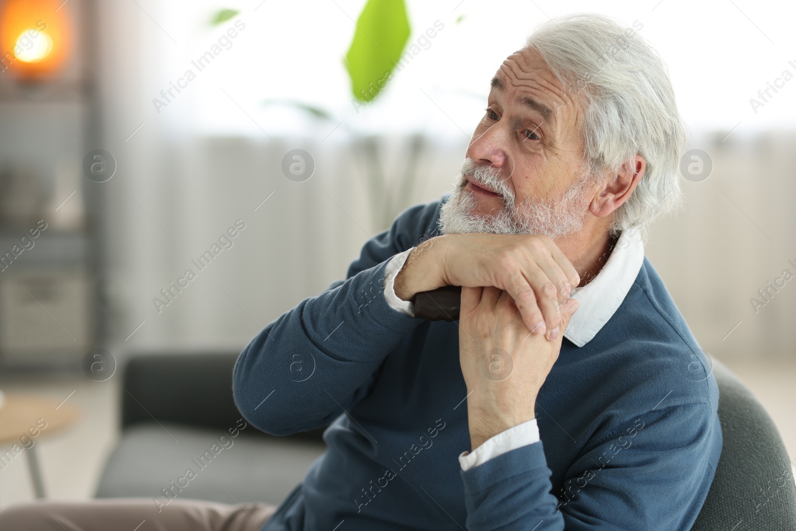 Photo of Portrait of happy grandpa with walking cane sitting on sofa indoors