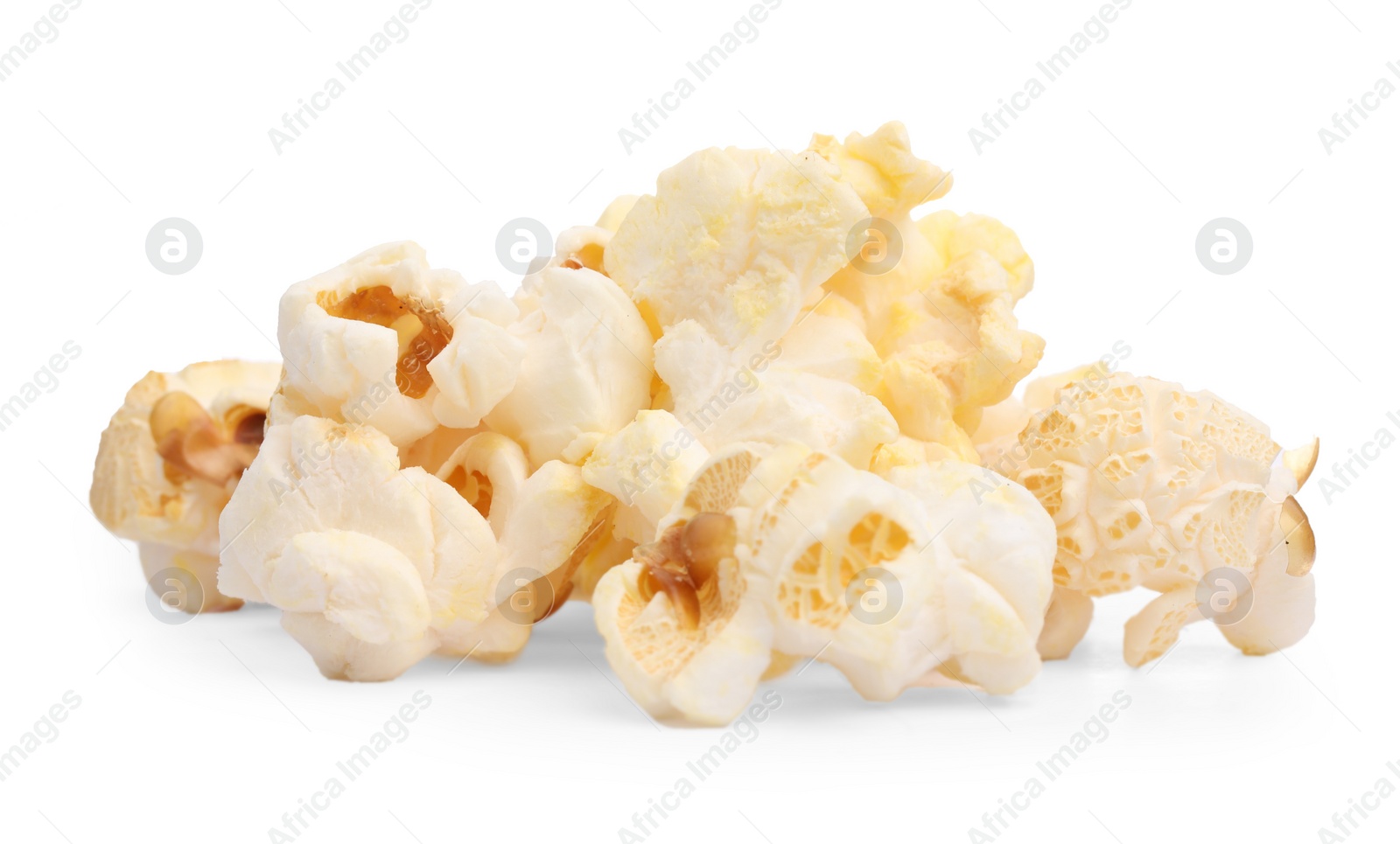 Photo of Fresh popcorn isolated on white. Tasty snack