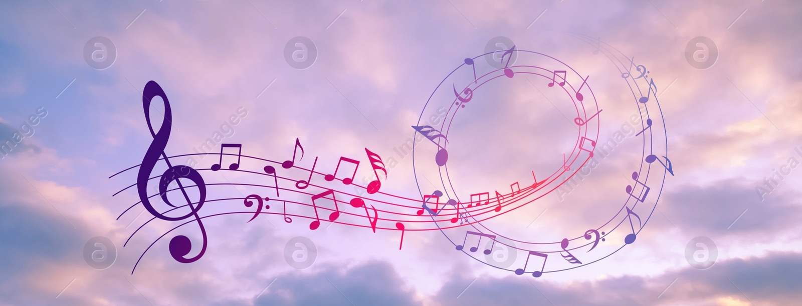 Image of Treble clef and swirly staff with musical notes against sunset sky, banner design
