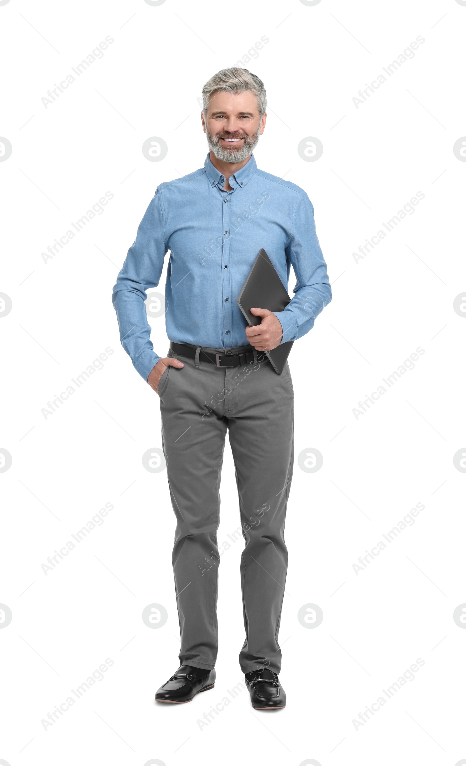 Photo of Mature businessman in stylish clothes with laptop on white background