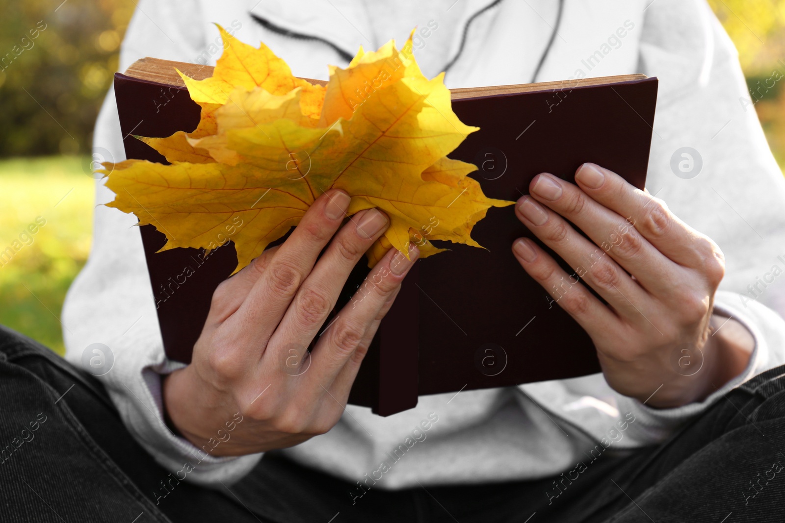 Photo of Woman reading book and holding dry leaves outdoors on autumn day, closeup