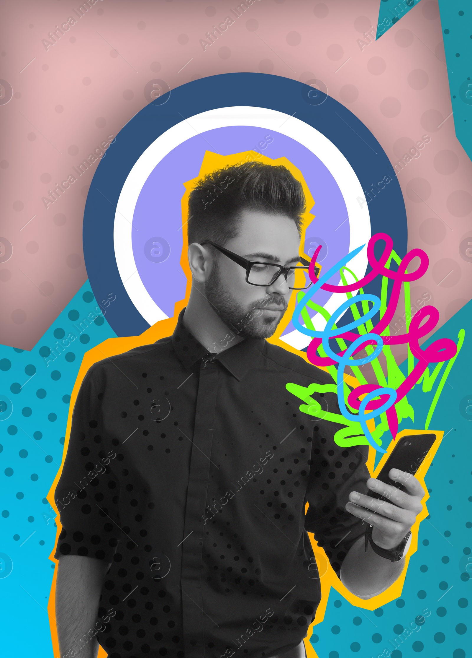 Image of Stylish creative artwork. Man using phone on bright background