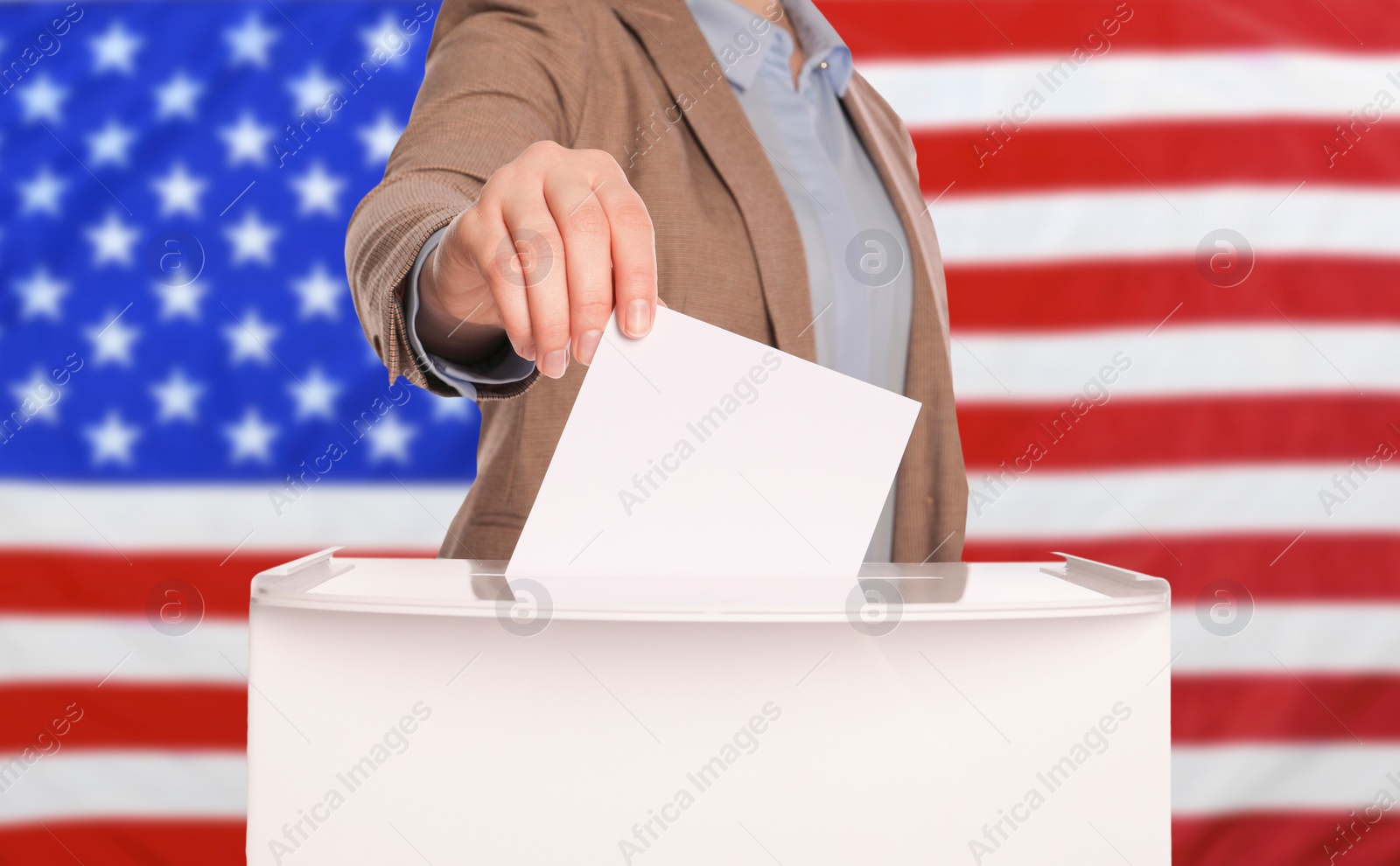 Image of Election in USA. Woman putting her vote into ballot box against national flag of United States, closeup. Banner design