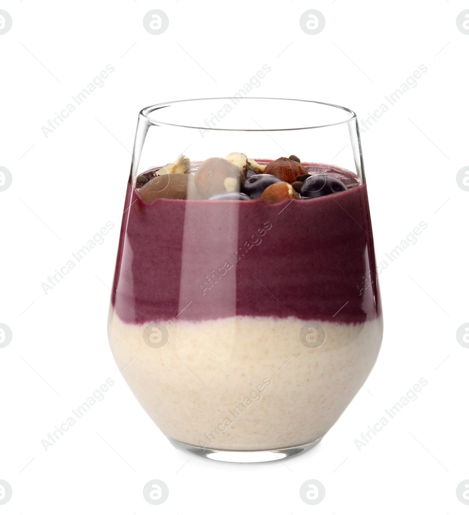 Photo of Glass with tasty acai smoothie on white background