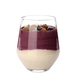 Glass with tasty acai smoothie on white background