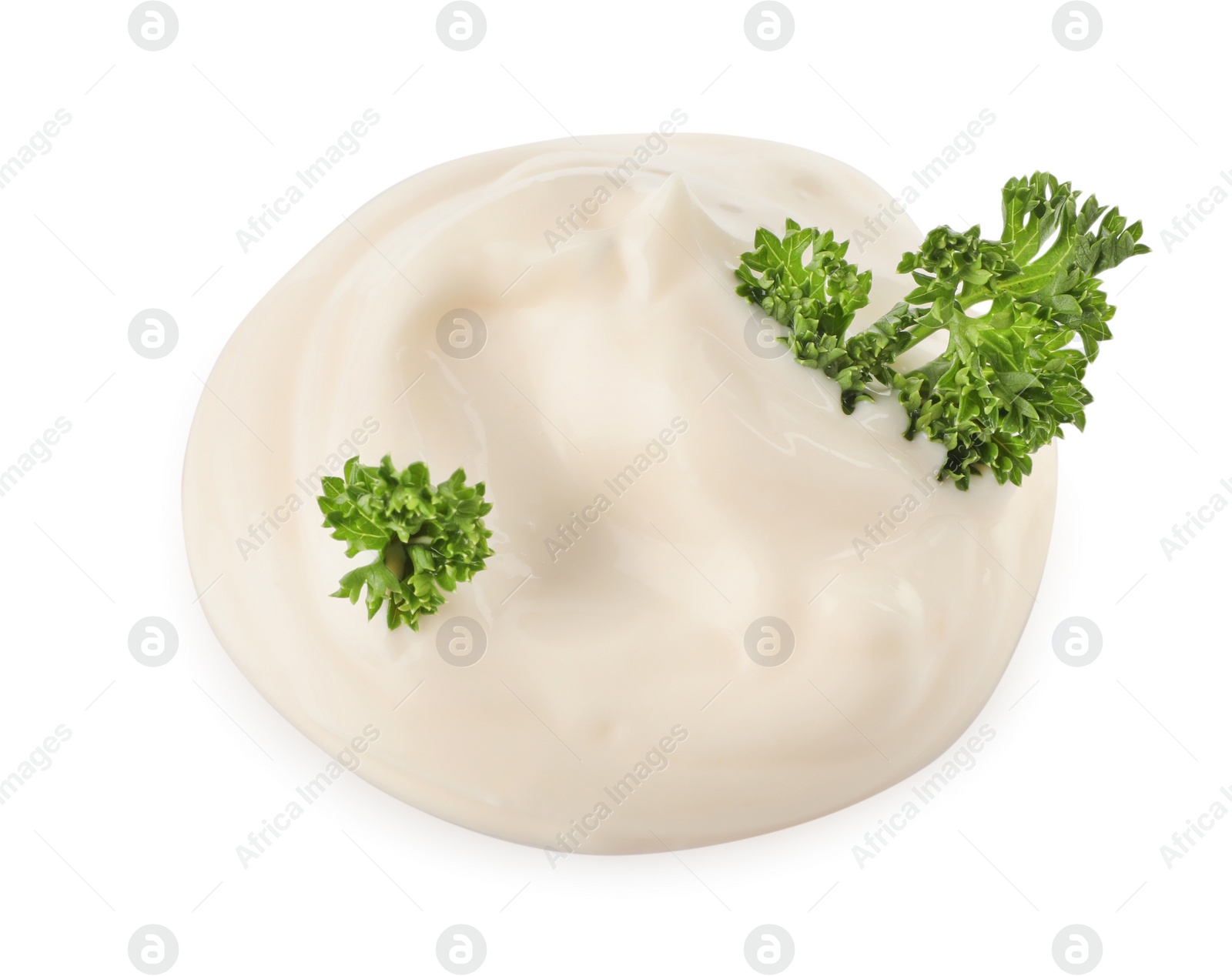 Photo of Tasty mayonnaise with parsley isolated on white