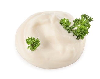 Tasty mayonnaise with parsley isolated on white