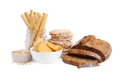 Different gluten free products on white background