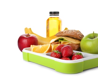 Lunch box with healthy food for schoolchild on white background