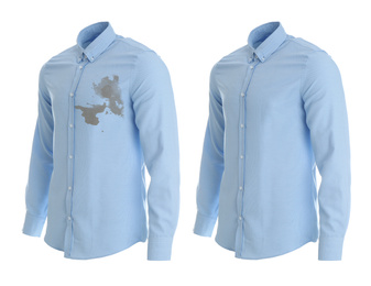 Image of Stylish shirt before and after dry-cleaning on white background