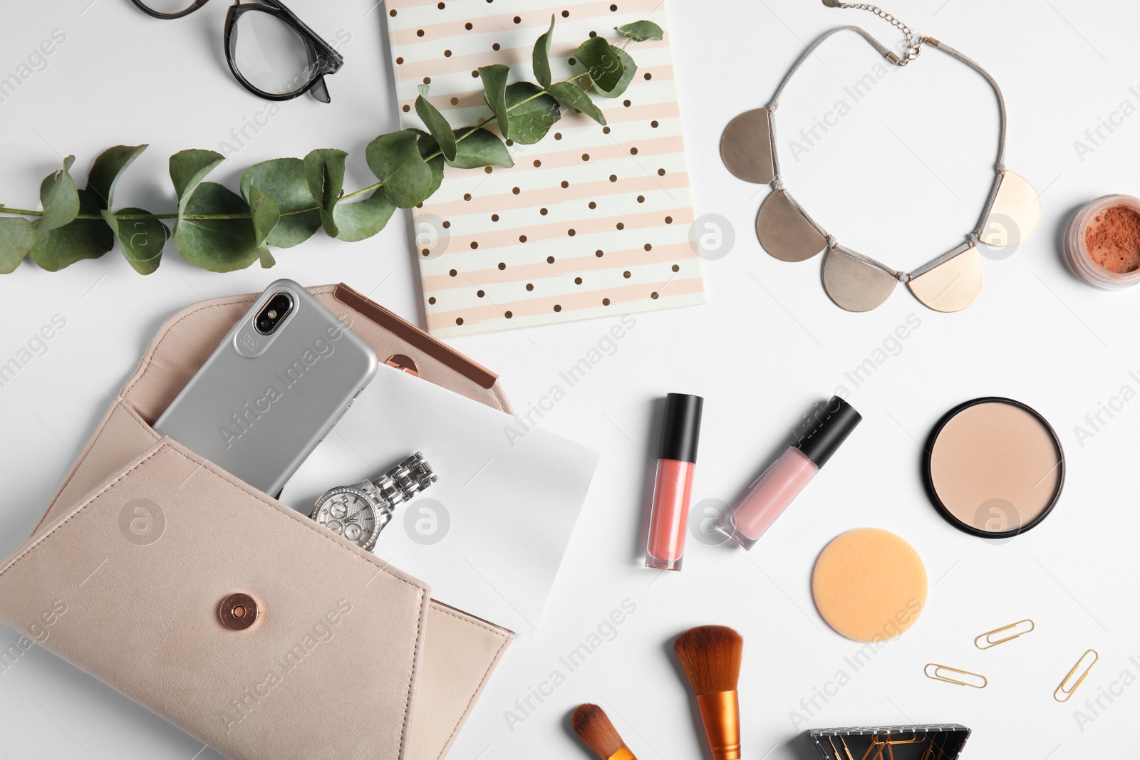 Photo of Flat lay composition with female accessories on white background. Beauty blogger