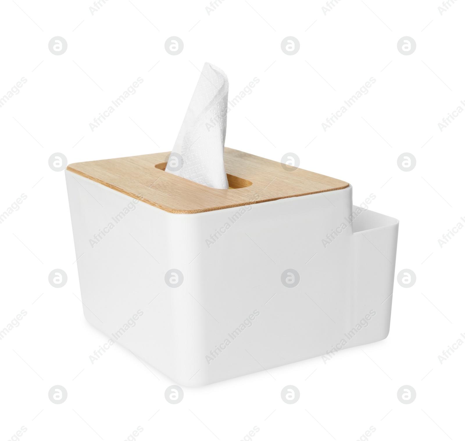 Photo of Holder with paper tissues isolated on white