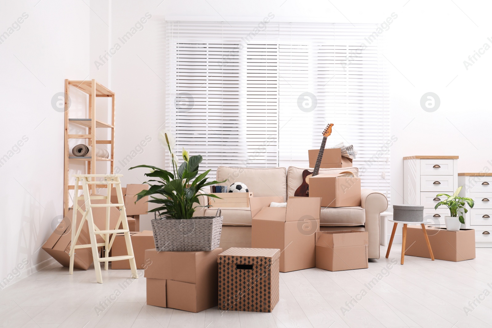 Photo of Cardboard boxes and household stuff in living room. Moving day