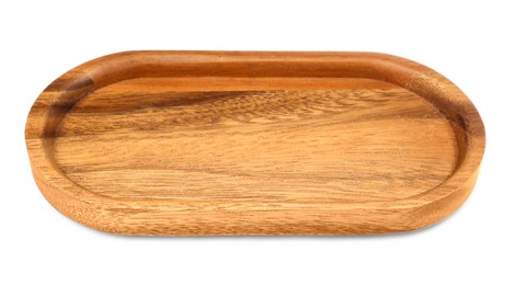 Photo of One new wooden tray on white background