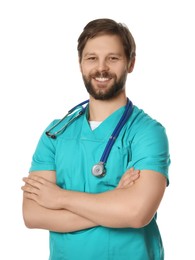 Photo of Doctor or medical assistant (male nurse) in uniform with stethoscope on white background