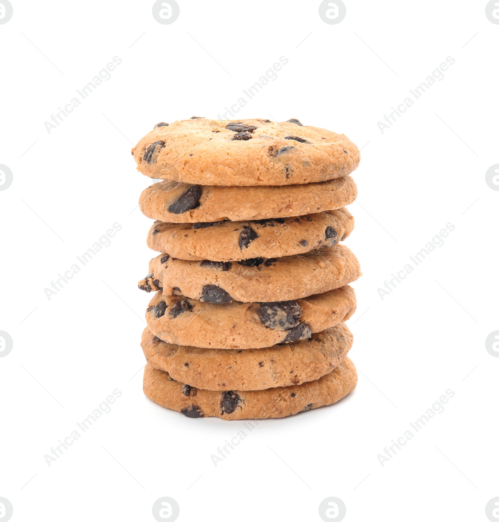 Photo of Stack of tasty chocolate chip cookies on white background