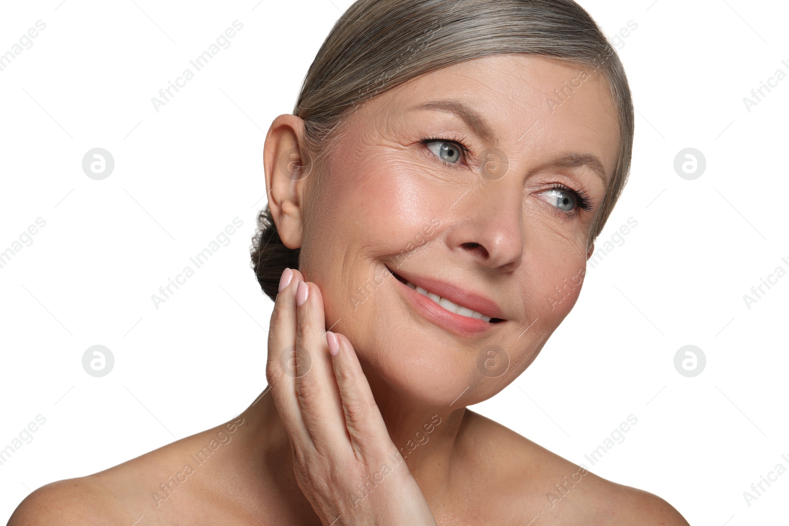 Photo of Beautiful mature woman with healthy skin on white background