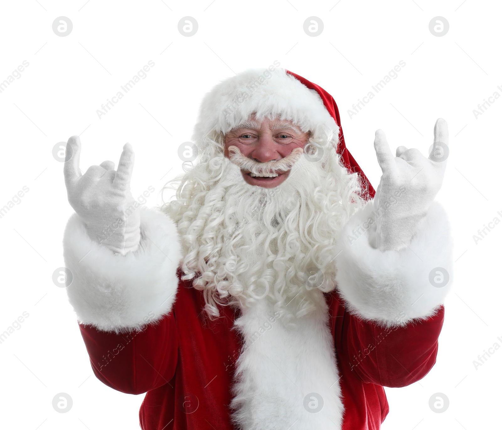 Photo of Portrait of authentic Santa Claus on white background