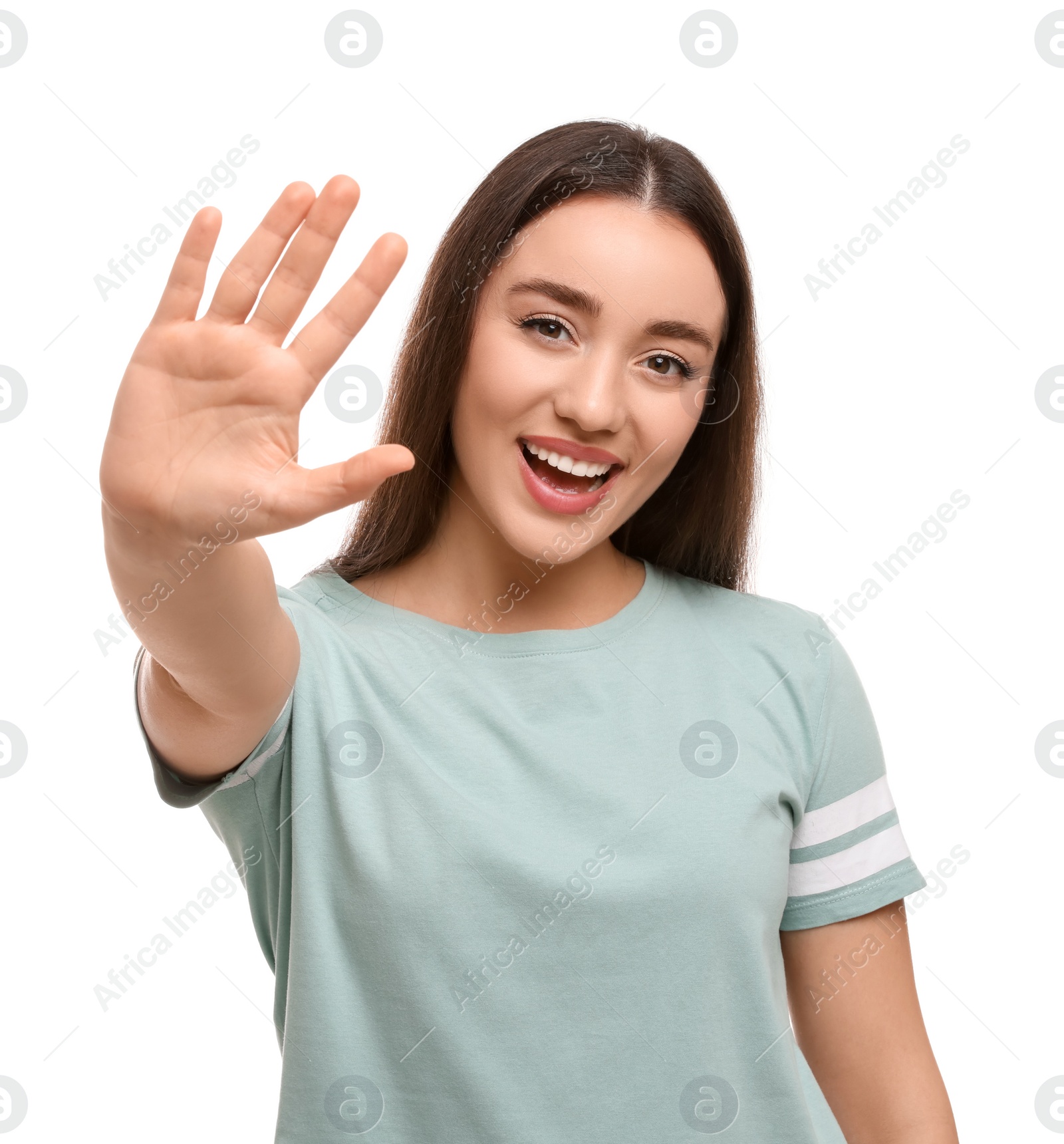 Photo of Happy woman giving high five on white background