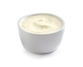 Photo of Delicious sauce in bowl on white background