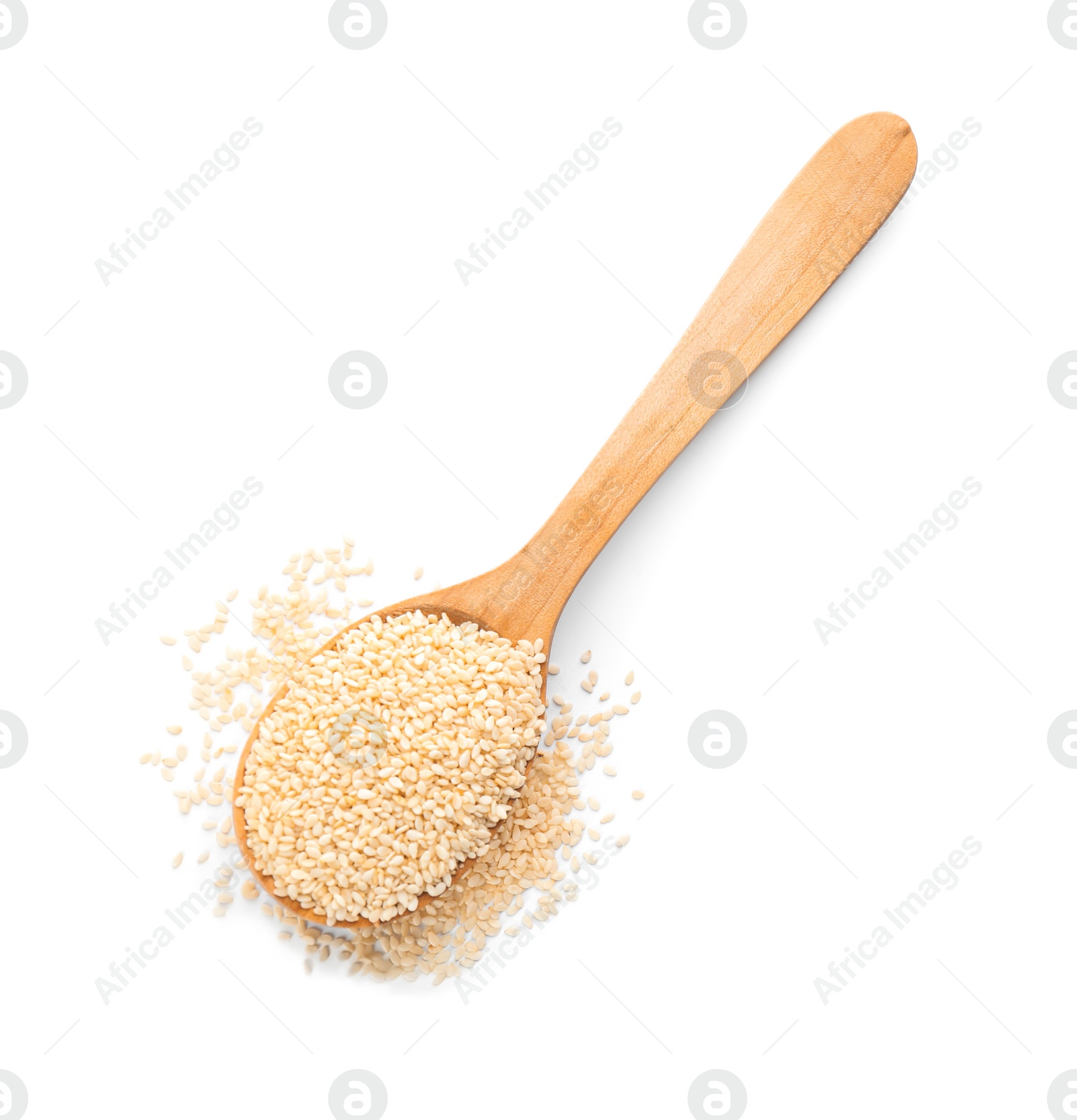 Photo of Wooden spoon with sesame seeds on white background, top view