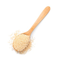 Photo of Wooden spoon with sesame seeds on white background, top view
