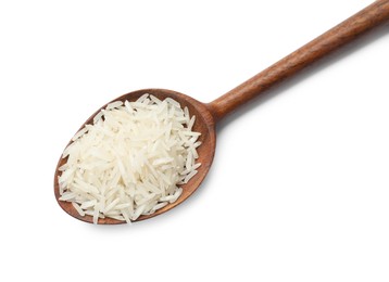 Photo of Raw basmati rice in spoon isolated on white, top view