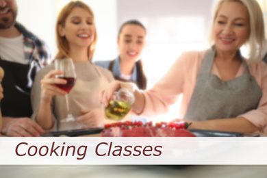 Image of Cooking classes. Blurred view of people preparing food together in kitchen