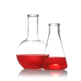 Florence and conical flasks with liquid samples isolated on white. Chemistry glassware