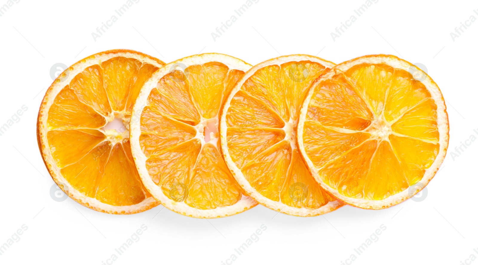 Delicious dry orange slices on white background, top view Photo of Delicious dry orange slices on white background, top view