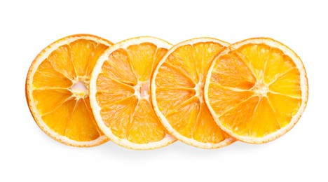 Photo of Delicious dry orange slices on white background, top view