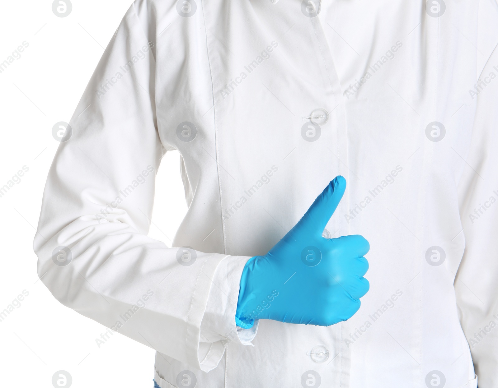 Photo of Doctor in medical glove showing thumb-up gesture on white background