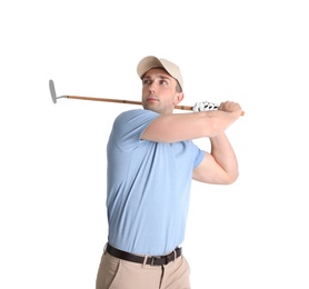 Photo of Young man playing golf on white background