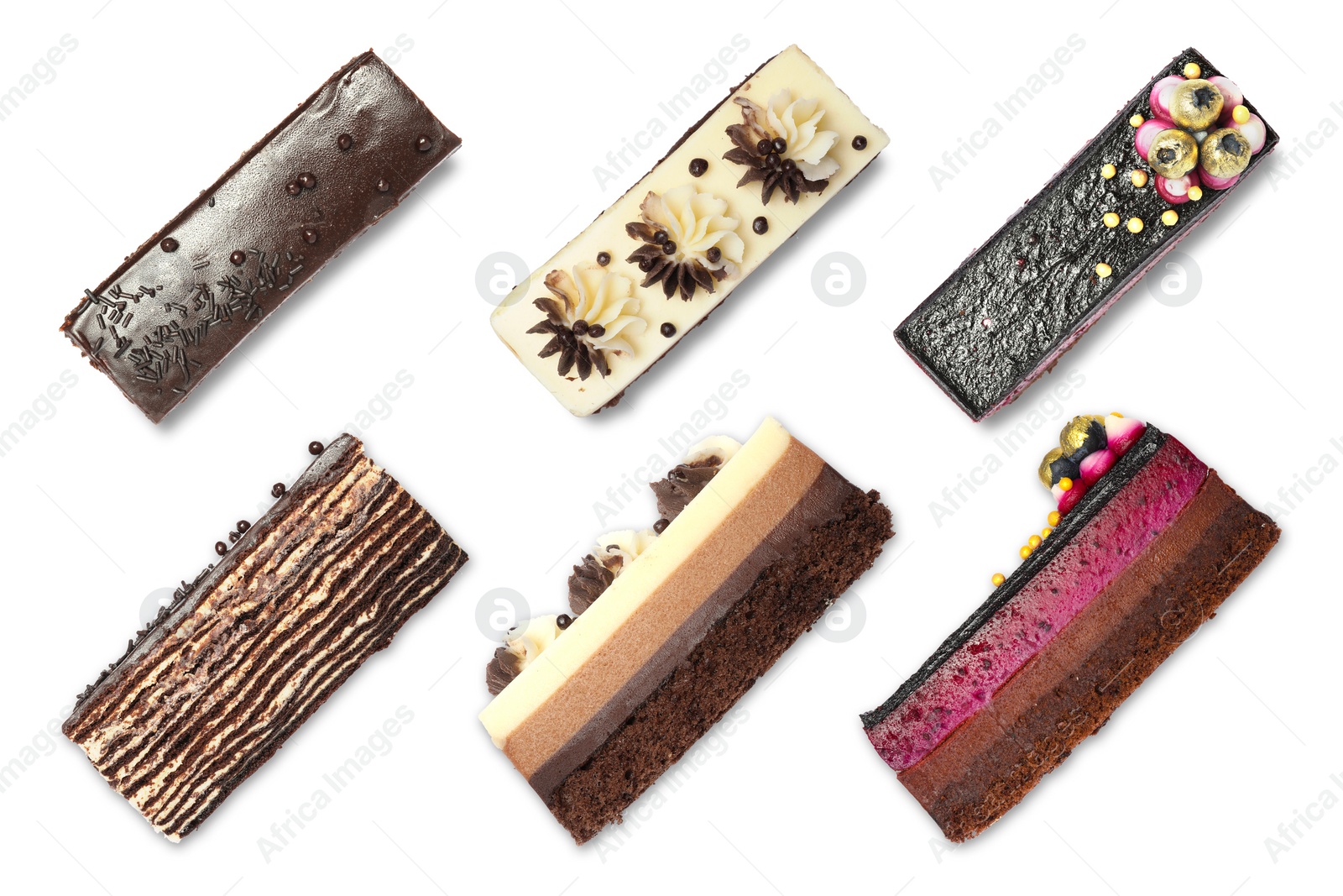 Image of Collage with different delicious cakes on white background, top and side views