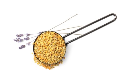Photo of Fresh bee pollen granules in scoop and lavender isolated on white, top view