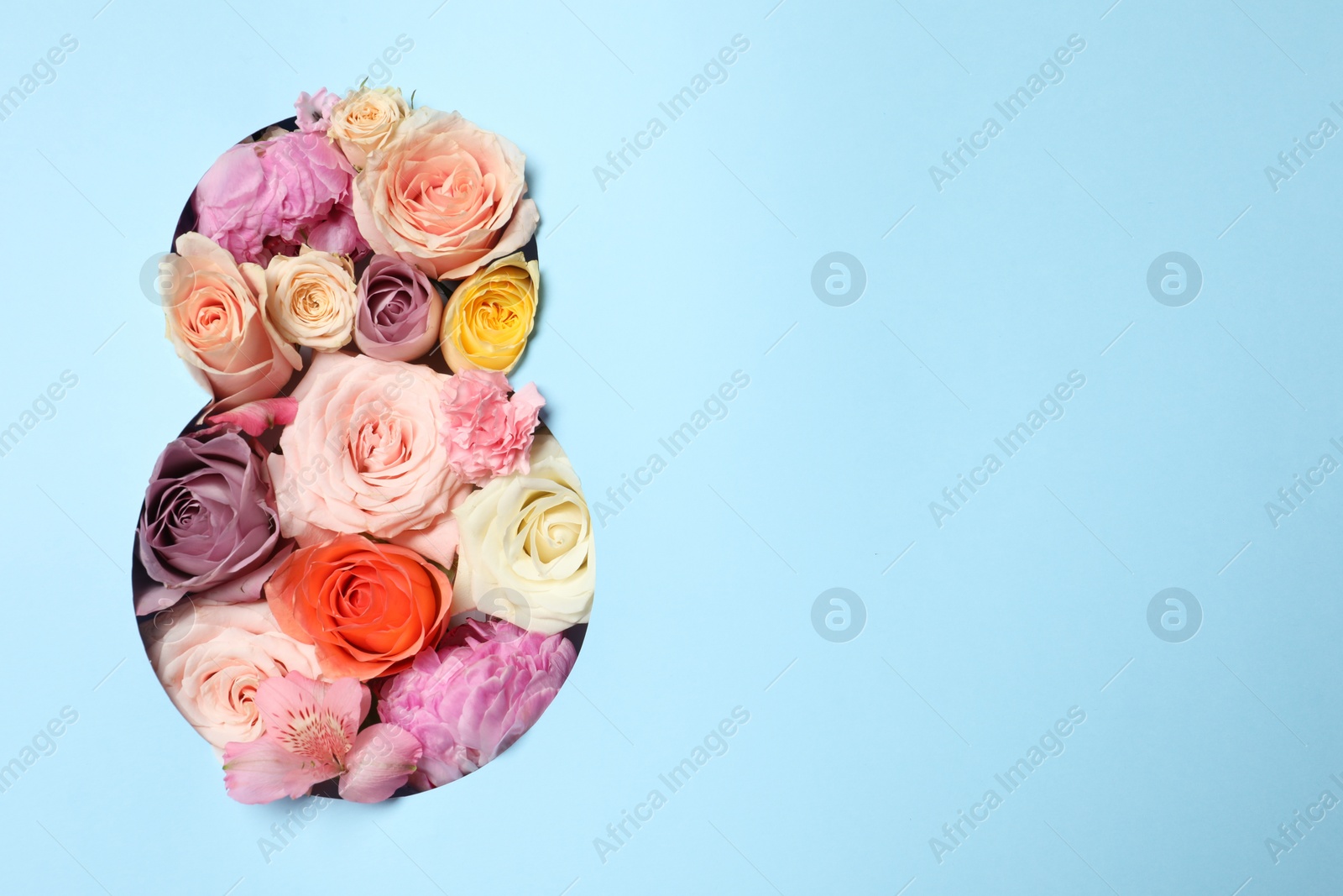 Photo of 8 March greeting card design with flowers and space for text, top view. Happy International Women's Day