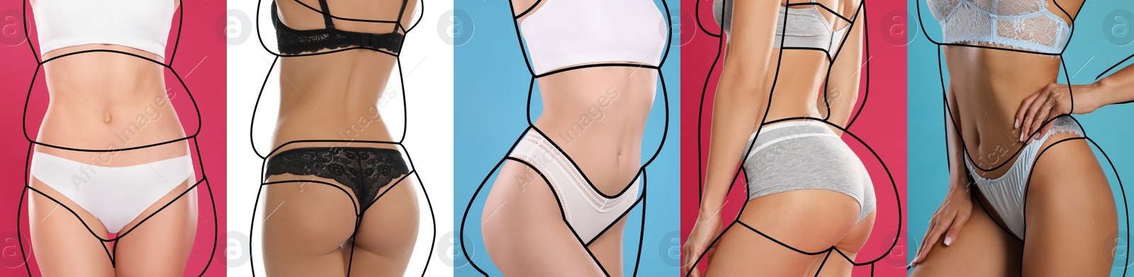 Image of Collage with photos of slim young women wearing beautiful underwear on different color backgrounds, banner design. Illustrations of lines around ladies before weight loss