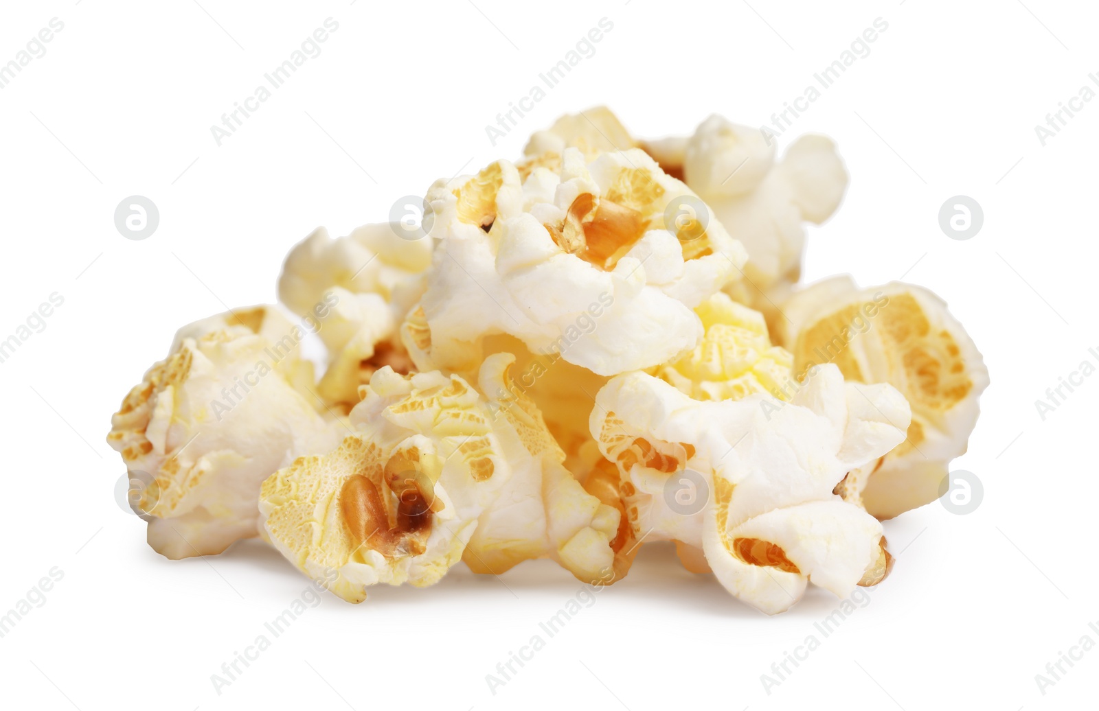 Photo of Fresh popcorn isolated on white. Tasty snack