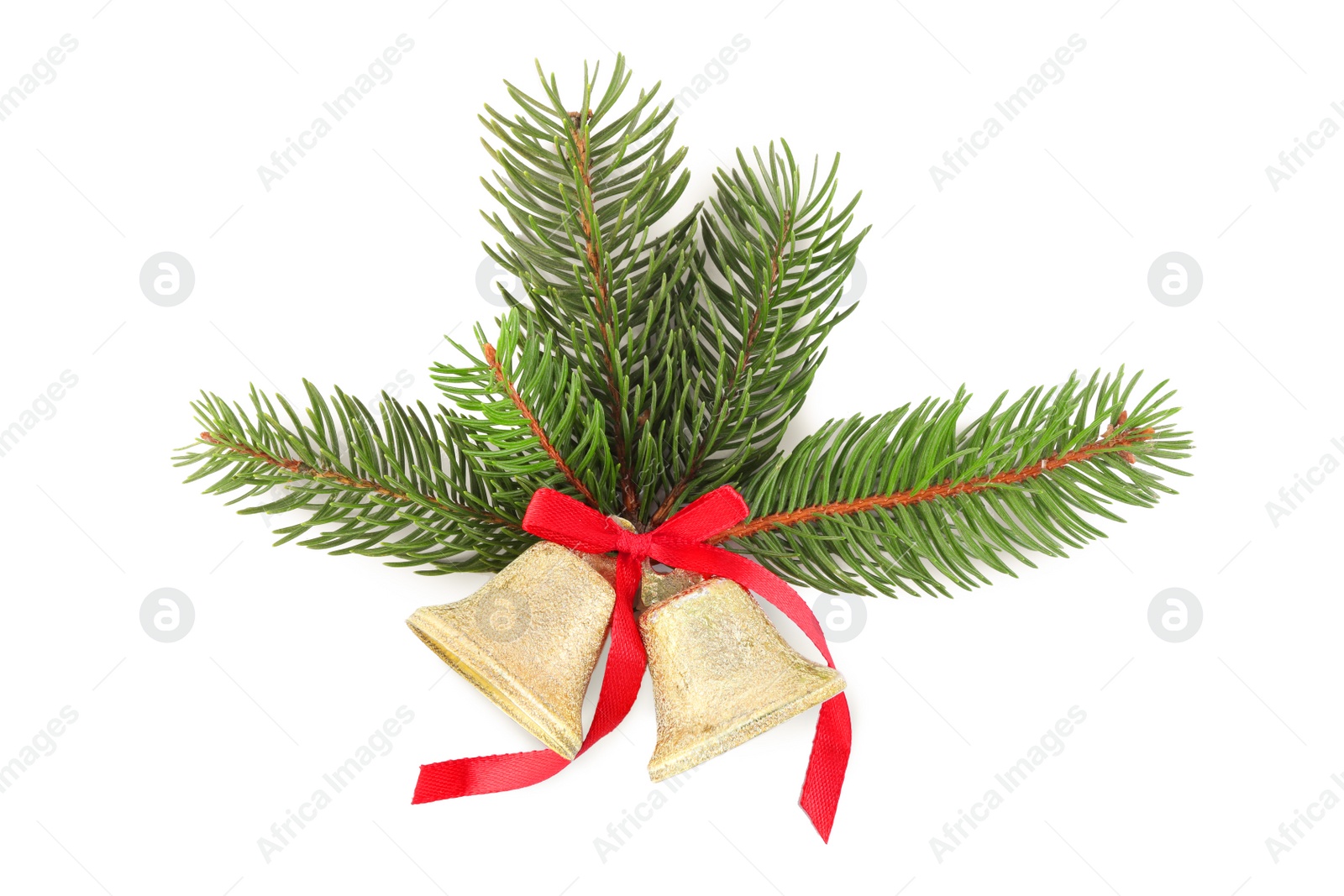 Photo of Golden shiny bells with red bow and fir branches isolated on white. Christmas decoration